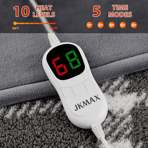 JKMAX Heated Electric Blanket King Size - 100"x90" Flannel Heating Blanket with 10 Heating Levels & 5 Time Settings Over-Heat Protection, Winter Warmer for Adults with ETL Certification(Grey)