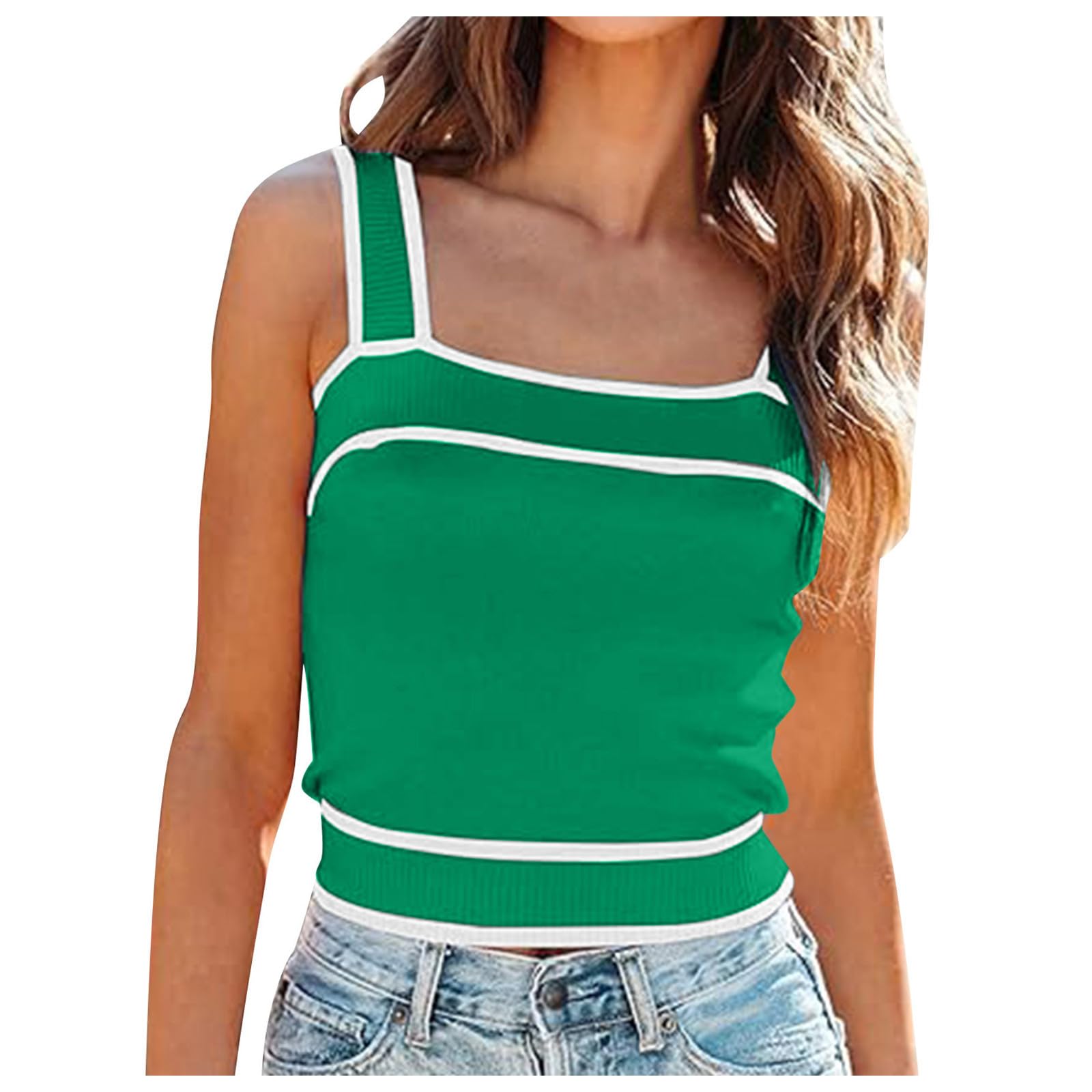 YOGALULU Top Deportivos Mujer de Punto con Cuello cuadradoCamisa sin Mangas con Bloques de Color Delgados Camiseta Mujer Tirantes Anchos