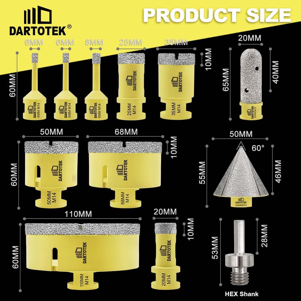 Diamond Drill Bits Set 12pcs, 9pcs 6/6/8/20/25/35/50/68/110mm M14 Hole Saw, 20mm Finger Milling Bit, 50mm Beveling Bit - Image 4