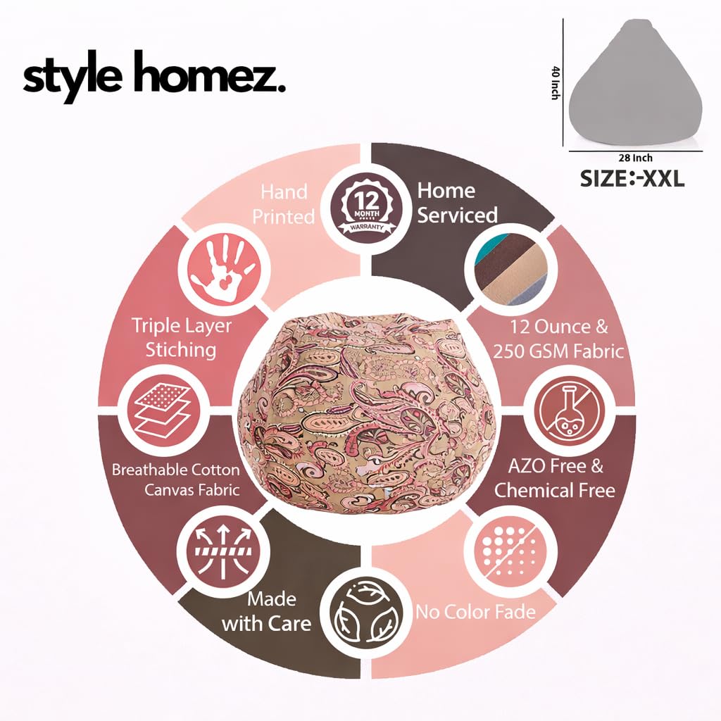 Style Homez Classic Cotton Canvas Paisley Printed Bean Bag XXL Cover Only 1