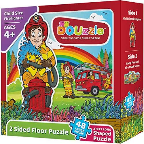 Child Size Firefighter (Fireman + Firetruck) 2 Sided Floor Puzzle for Kids Ages 4-8 (48 Large Pieces, 3 Feet Long, Extar Thick Cardboard, Firefighter Shaped). Birthday Gift for Boys and Girls.