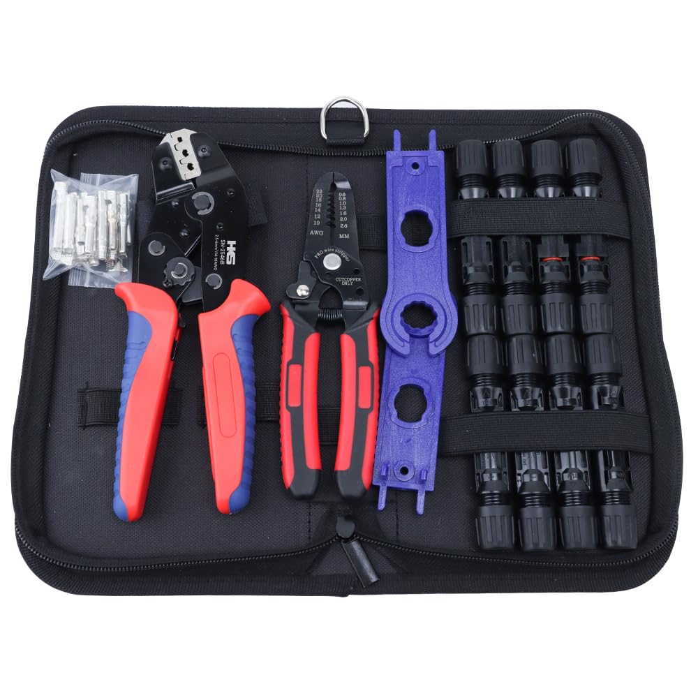 HKS Solar PV Panel Crimping Tool Kit with Crimper Stripper and 8 Pairs Solar connectors and 1Pair Solar Connector Spanner Wrench, Crimper Tool for Solar Cable AWG14-10,2.5/4/6mm²