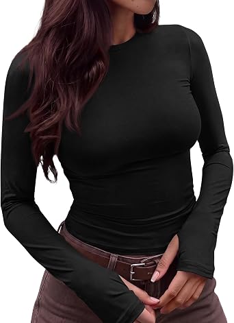 CFLONGE Womens Fitted Long Sleeve Shirts with Thumb Holes