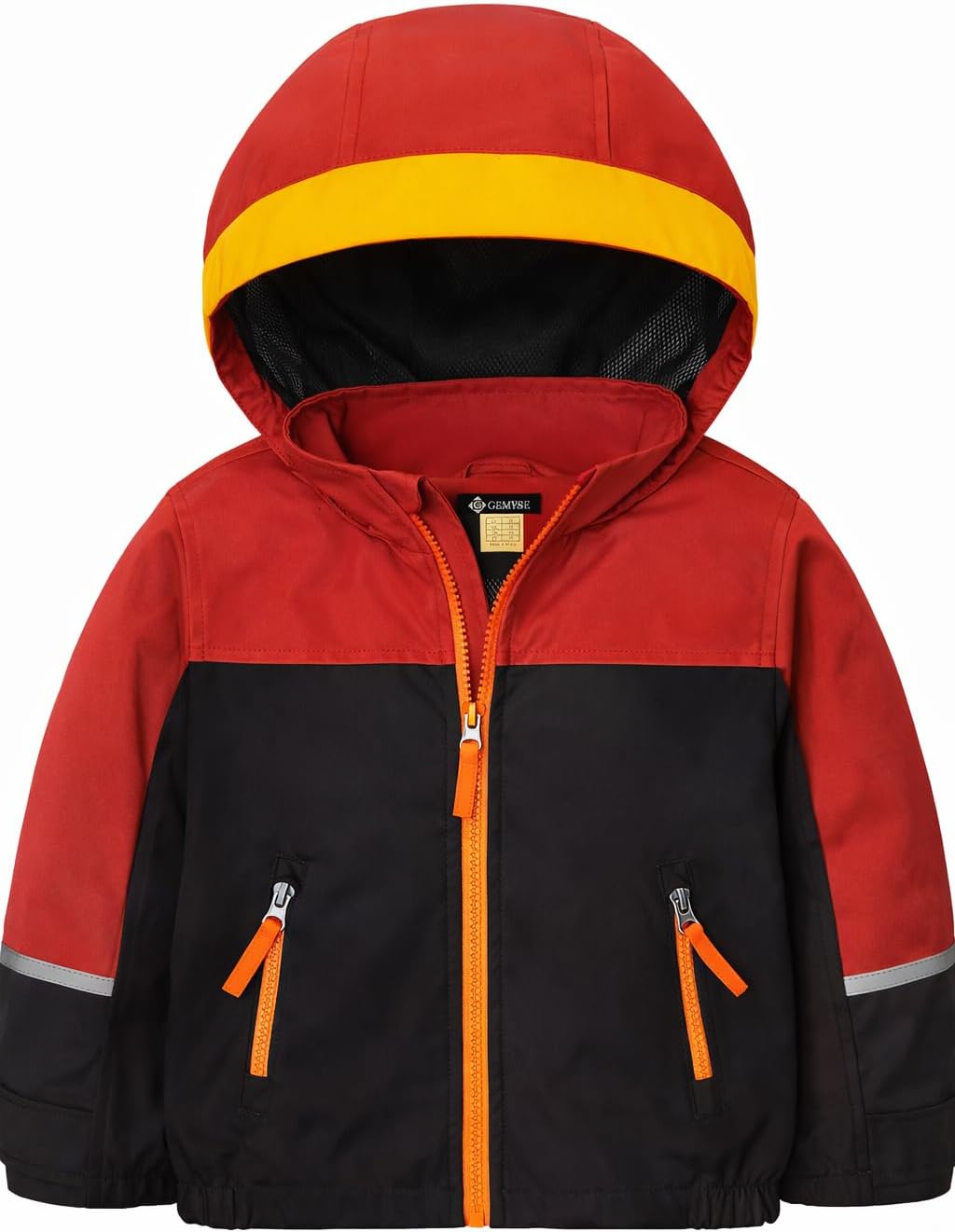 GEMYSE Toddler Rain Jacket Water-Repellent Toddler Boys Kids Rain Coat Lightweight Hooded Windbreaker Outwear Jacket(Oriental Red & Black,5T)