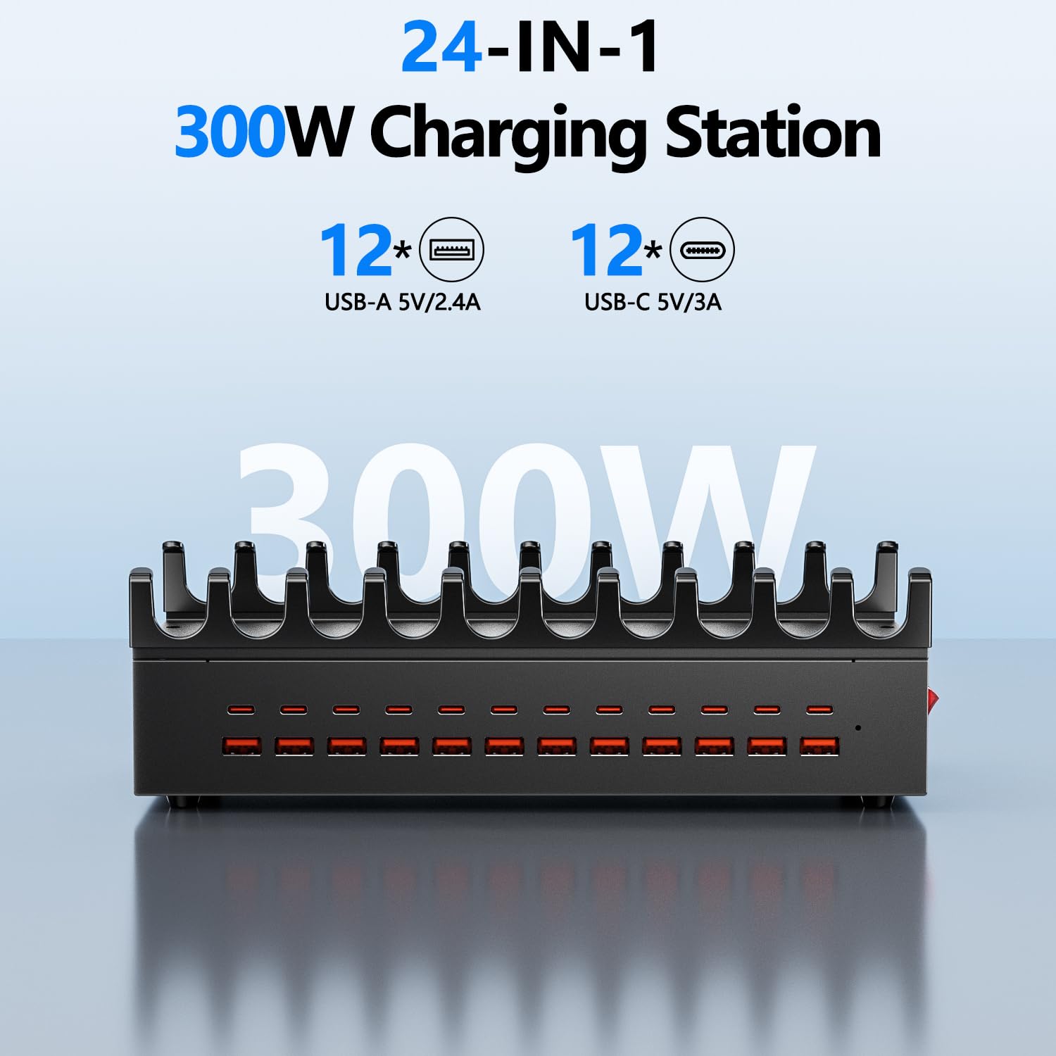Stazione di ricarica da 300 W per più dispositivi, caricatore rapido USB a 24 porte, organizer multiplo compatibile con Smart Power Delivery, smartphone, tablet, stazione di ricarica per casa, ufficio