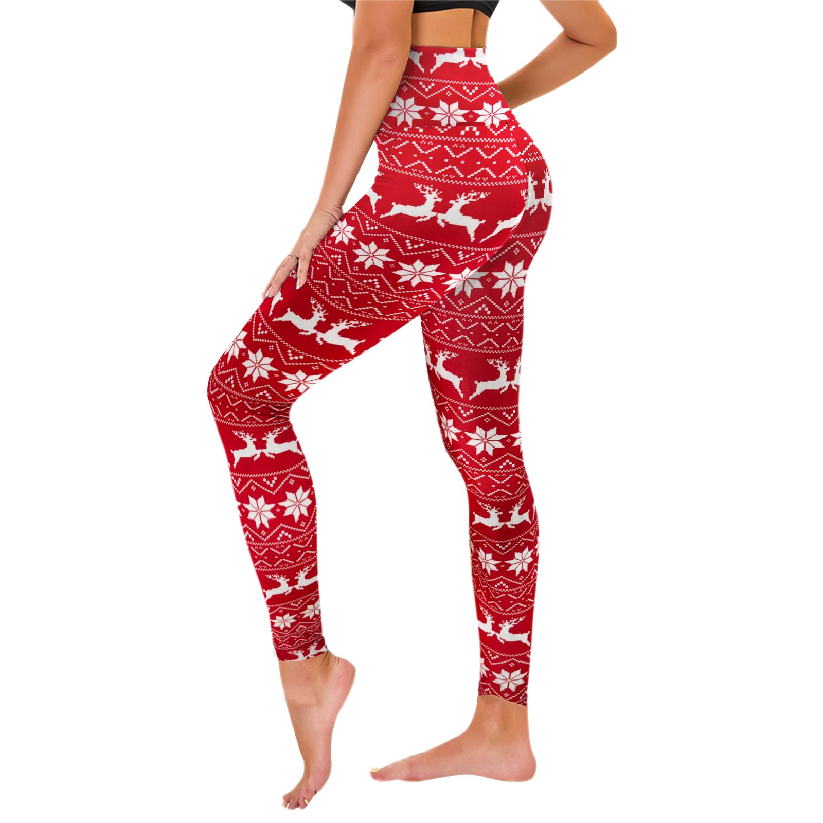 TNNZEET High Waist Leggings Damen Elastische Leggins Weiche Sporthose für Sport Gym, Roter Schneeflockenhirsch, L-XL