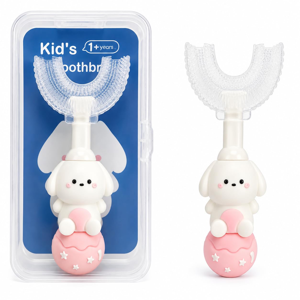 u shaped 2-6 year toothbrush for kids, food grade soft silicone brush head, 360° oral teeth cleaning tools, children infant u shape manual toothbrush (u-shaped puppy pink)