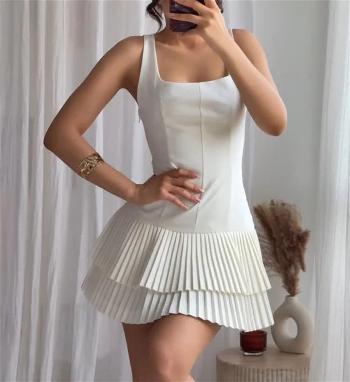 Vestido largo plisado de tirantes para mujer, corte ajustado, sin mangas, vestido informal de fiesta