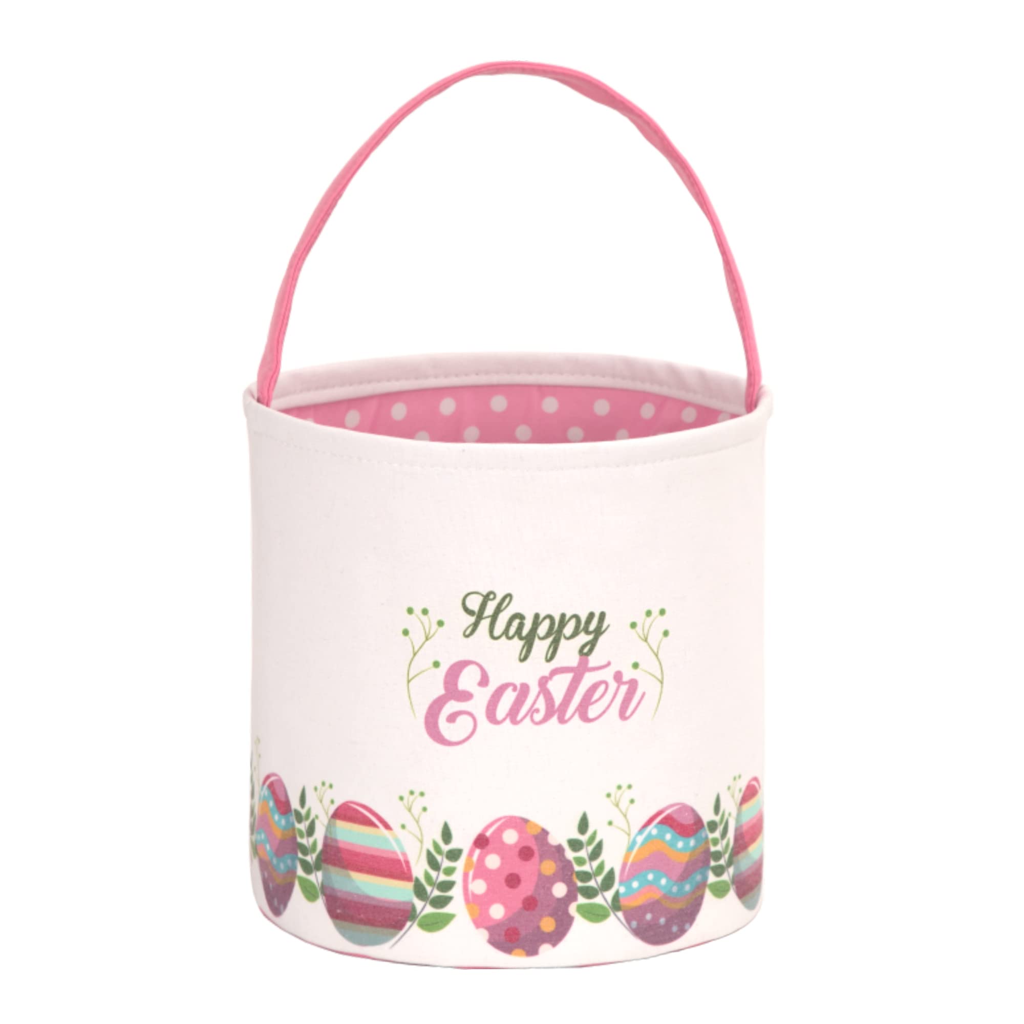 LessMo Easter Bunny Basket Egg Buckets Gifts Tote Bags, Canvas Cotton Pink Cute Personalized Egg Hunt Basket Stuffers for Easter Party