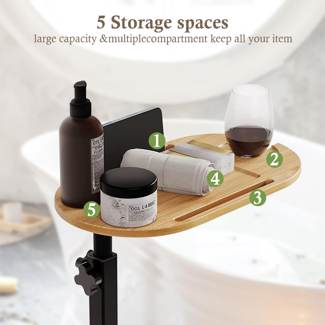 Comodino Industriale Regolabile - Tavolino Da Letto Con Vassoio Bambù, Altezza 43-78cm - Foto 7