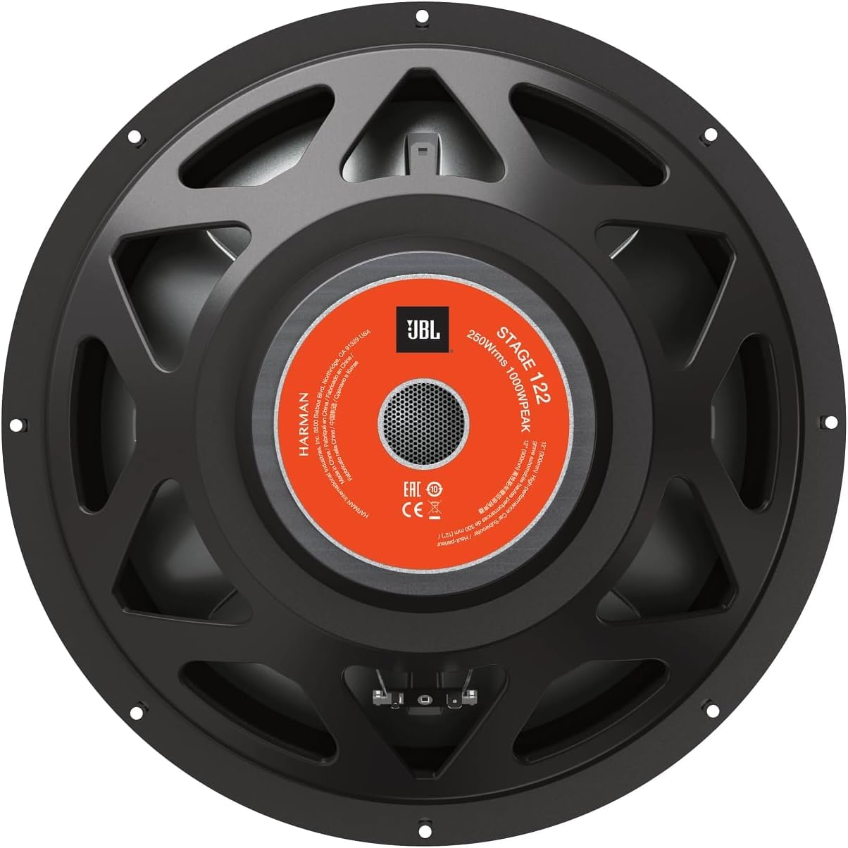 JBL Stage 122 Subwoofer Auto 300 mm (12”), passivo, 250W RMS e 1000W Max, 4 Ohm, 91 dB, risposta in frequenza 34–200 Hz, bobina da 2”, altezza incasso 15,4 mm, per box o installazione libera