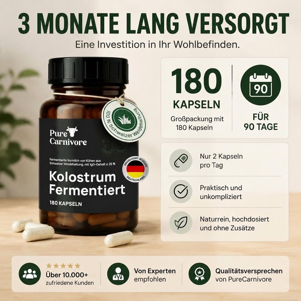 Colostrum Kapseln (180 Stück) | Fermentiertes Bio Colostrum aus Schweizer Weidehaltung | ≥ 25% IgG | Ohne Zusätze | Abgefüllt in Deutschland | PureCarnivore