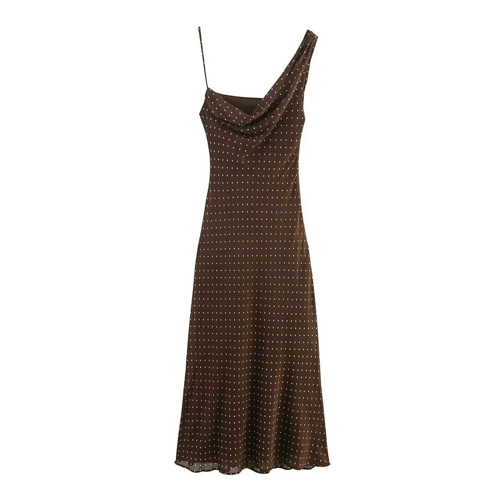 Abito Donna Invernale Temperamento Autunno Abbigliamento da Colletto A Pieghe Asimmetrico Pois-Marrone-l
