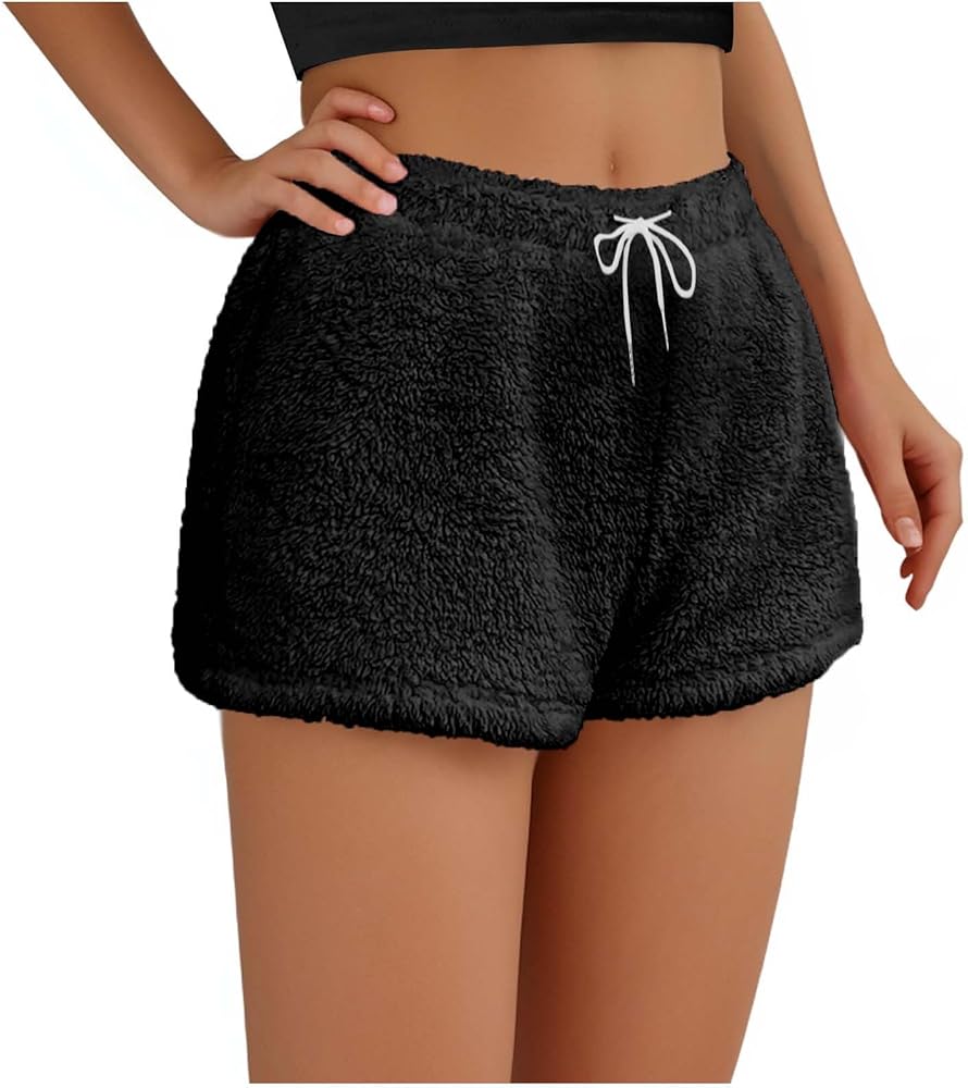 Womens Fleece Pajamas Shorts Fluffy Mini Shorts Elastic Waist