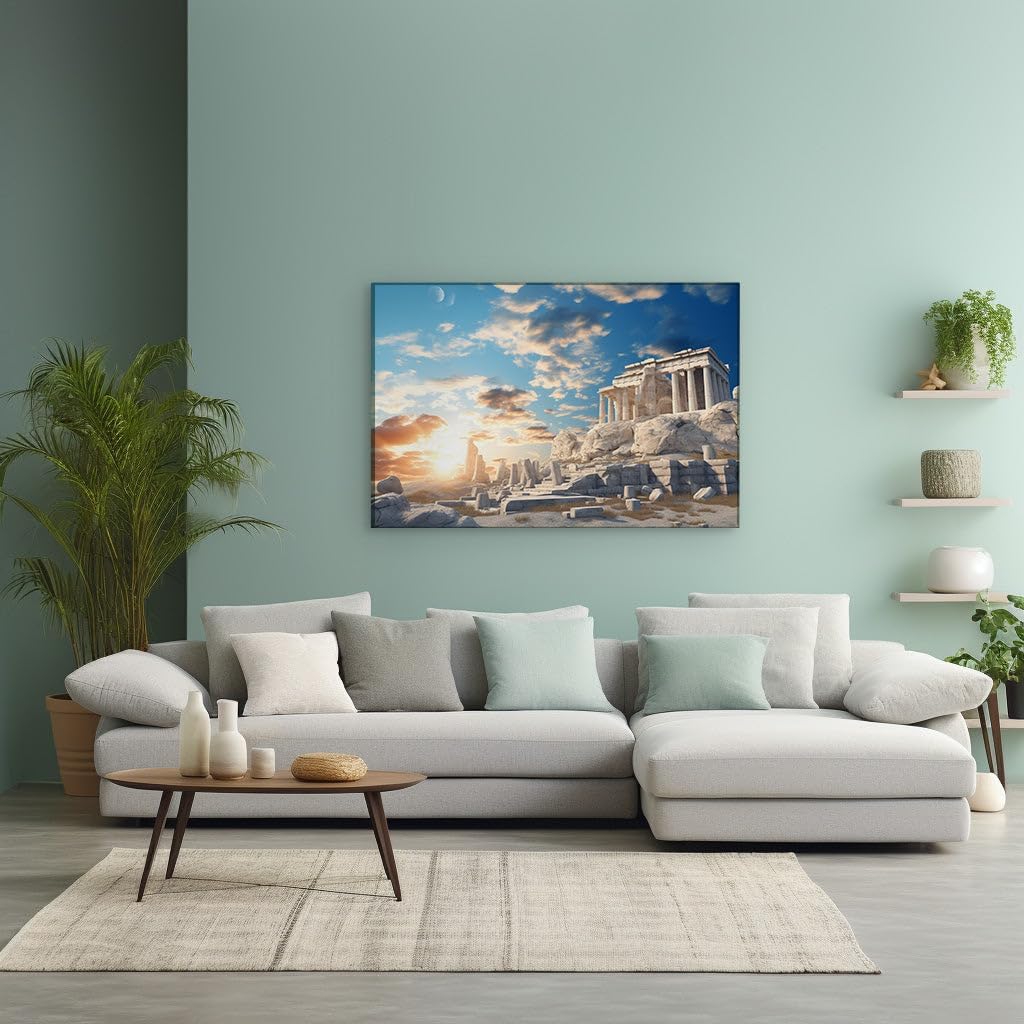 Canvas for Living room. Ancient Greek Grandeur Reimagined in a Sunset Serenade with a Celestial Spectacle, 27 x 18 inch Canvas Wall Art - Contemporary Masterpieces - Modern Home Decor