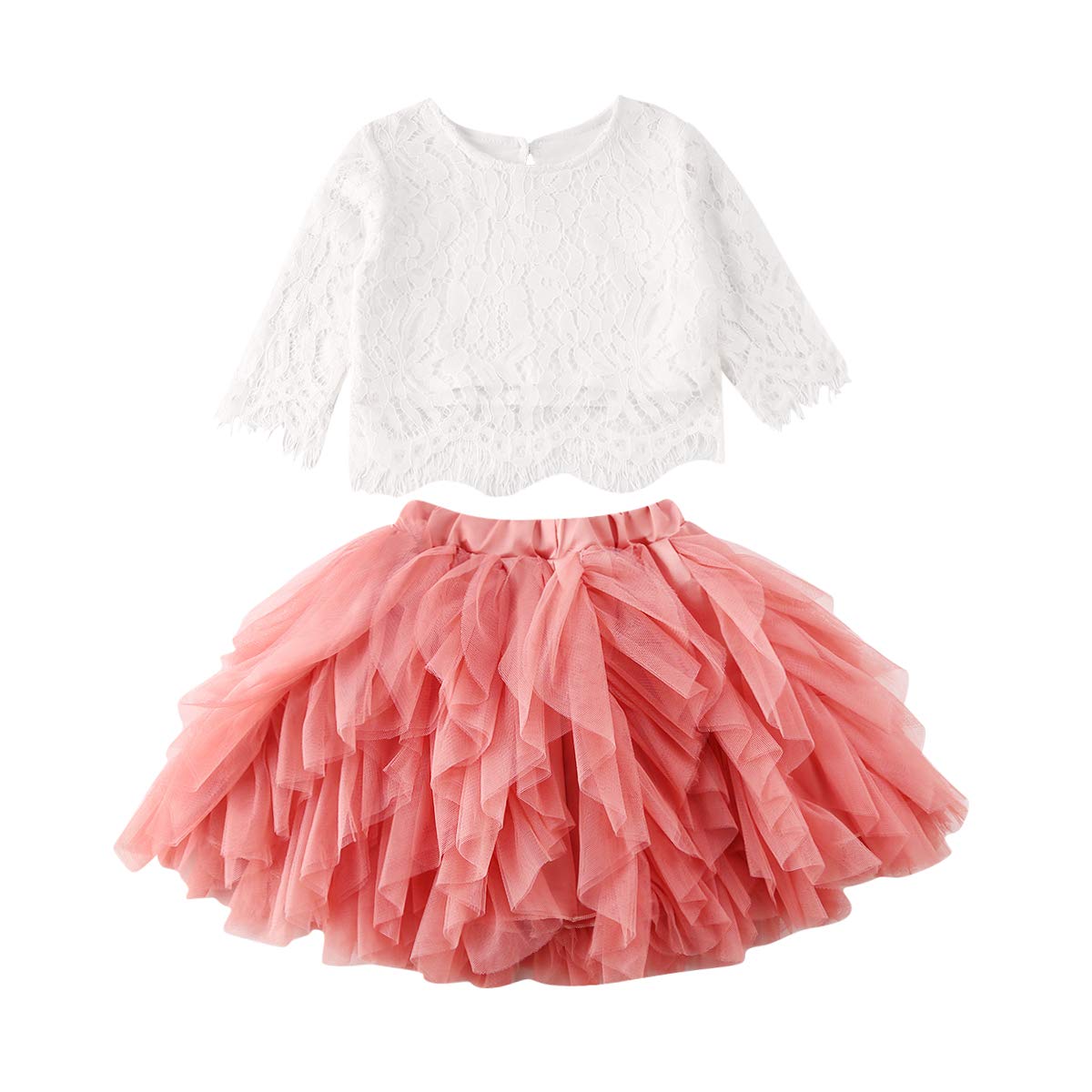 Goelsakurara2PCS Kids Baby Girl Lace T-Shirt Tops+Tutu Skirt Toddler Ruffle Layers Dresses Birthday Party Outfits