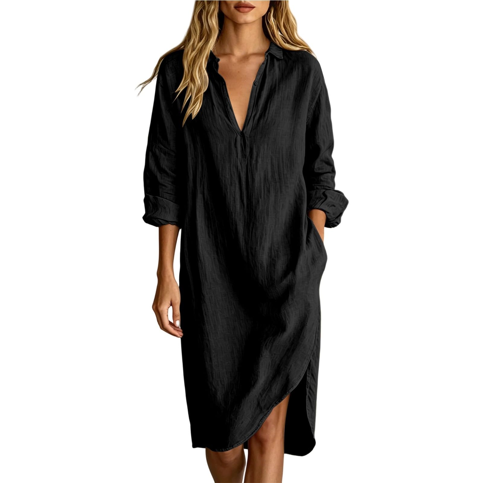 Vestido de muselina para mujer, manga larga, cuello en V, vestido de verano, algodón y lino, de secado rápido, vestidos de playa para mujer