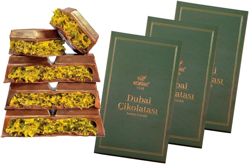 Dubai Chocolate Bar - Total of 21.16 oz | 600g Premium Rich Milk Kunafa Pistachio Butter Chocolate | Individually Wrapped Fresh Treats | Luxury Gift Box for Birthdays & Special Occasions, Large Bar (Pack of 3) Each Unit 7oz | 200g