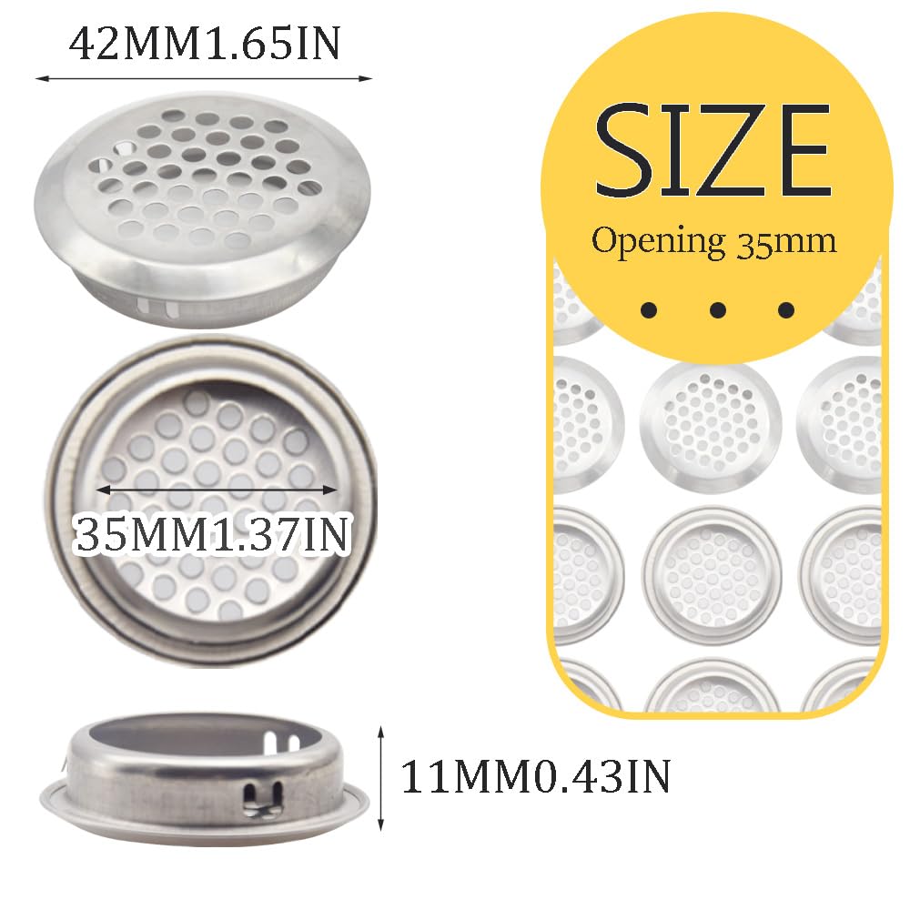 Hocansen 30Pcs Air Vent Cover 35mm Round Shaped Mesh Hole Stainless Steel Ventilation Louver Cover for Cabinet Wardrobe - Image 2