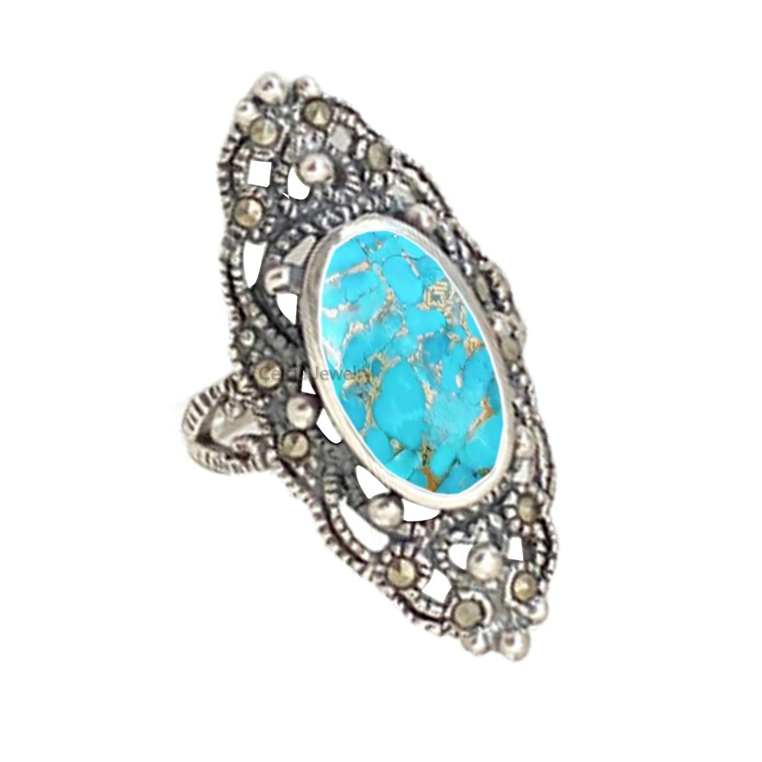 Pure 925 Sterling Silver Statement Turquoise Ring, Womens Wedding Band Organic Ring, Ultimate Ring, Boho Bohemian Ring, Minimalist Ring, Mothers Day Ring (US Ring size 5, Blue Copper Turquoise)