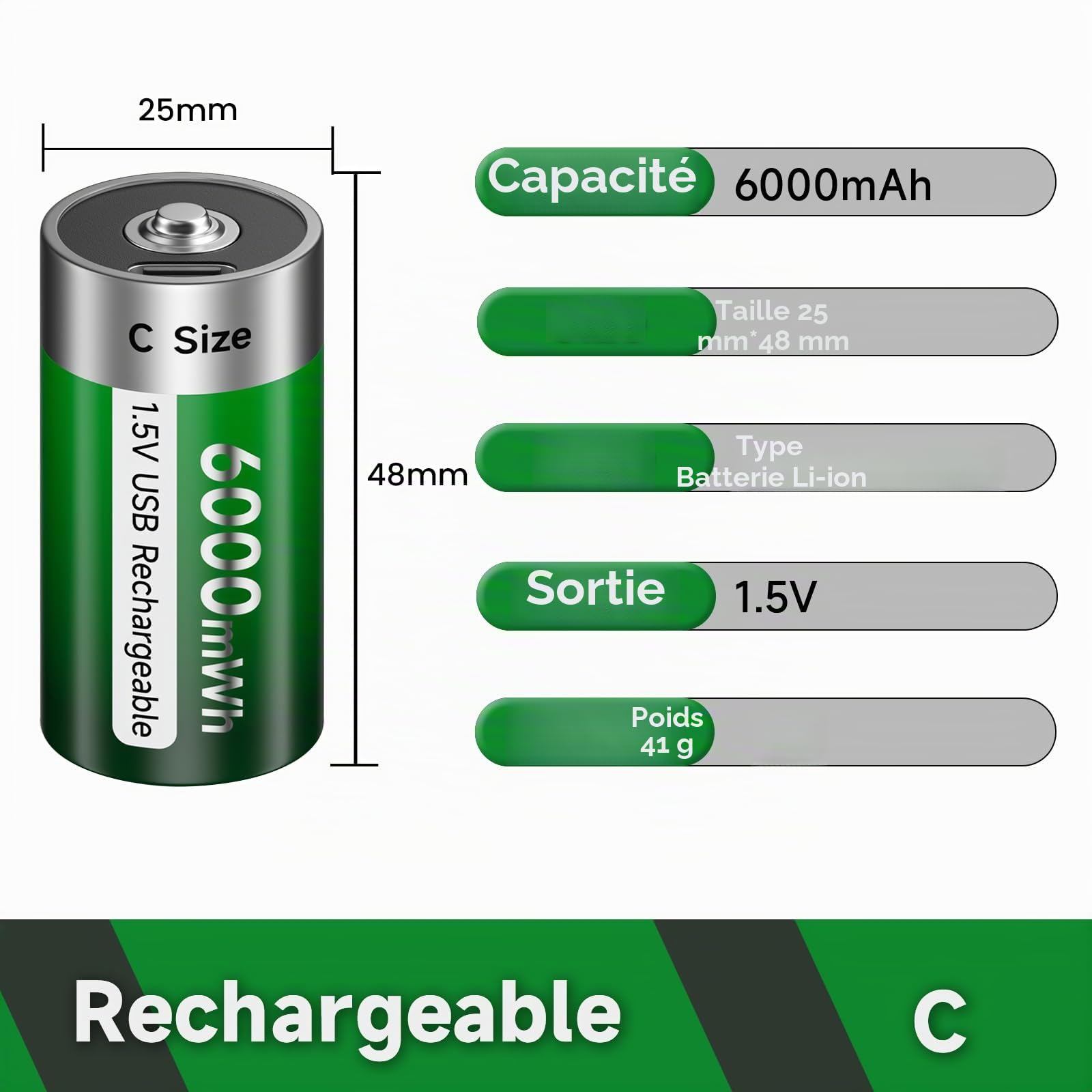 Lot de 6 batteries rechargeables Baby C USB 6000 mWh - 1,5 V/lithium - Batterie C haute capacité avec câble de charge de type C - 3 heures de charge rapide