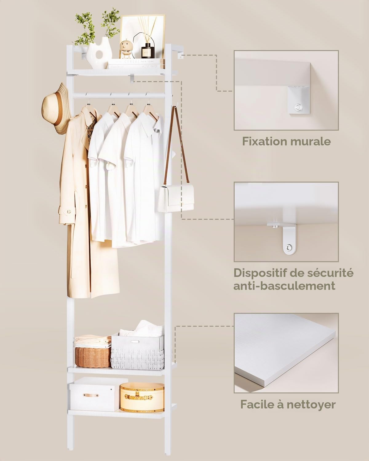 YMYNY Porte-Manteau, Meuble d'Entrée, Haute 180CM Portant à Vêtements, Organisateur de Rangement Mural, pour Chambre, Salon, Style Industriel, Blanc HGR003W