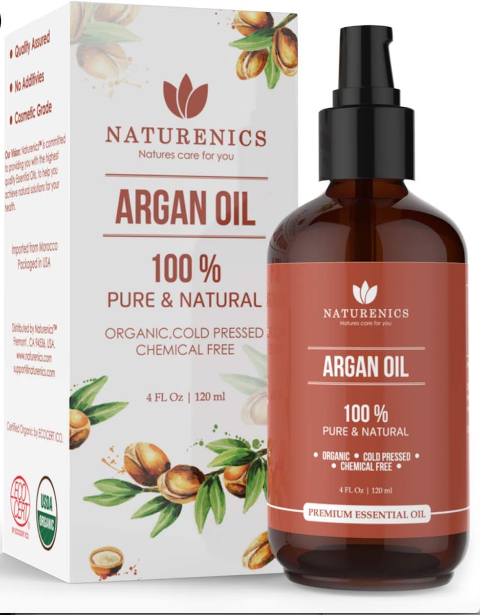 Naturenics Moroccan Argan Oil 100% Certified Pure Usda Organic Cold Pressed Carrier Oil - Moisturizing Solution For Face, Body, Hair, Skin & Nails Roll On & Ebook- 4 Fl Oz