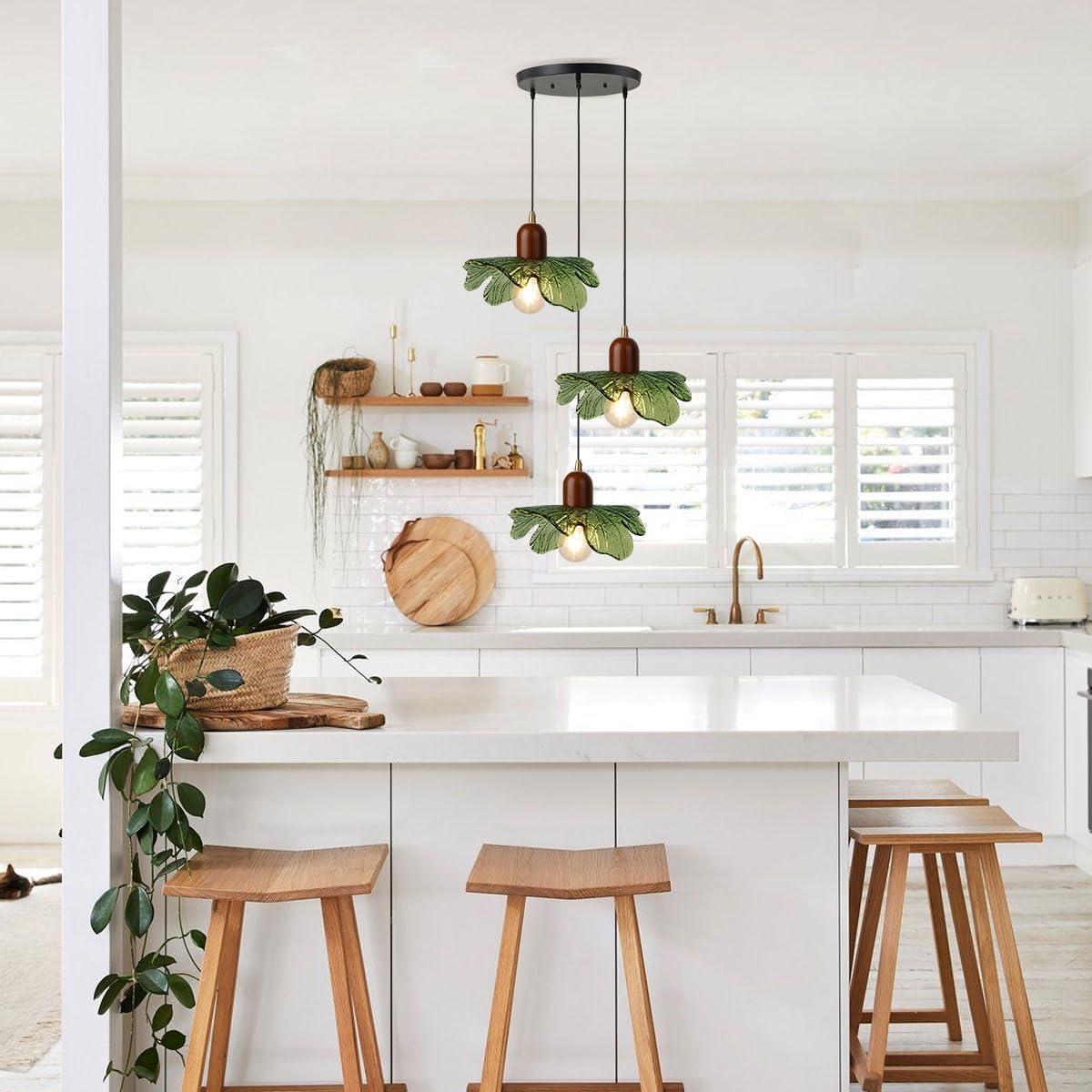 Mid Century Chandeliers 3-Light Green Glass Hanging Pendant Lamp Art Decoration Light Fixtures Walnut Wood Black Vintage Chandelier for Dining Room, Living Room, Bedroom