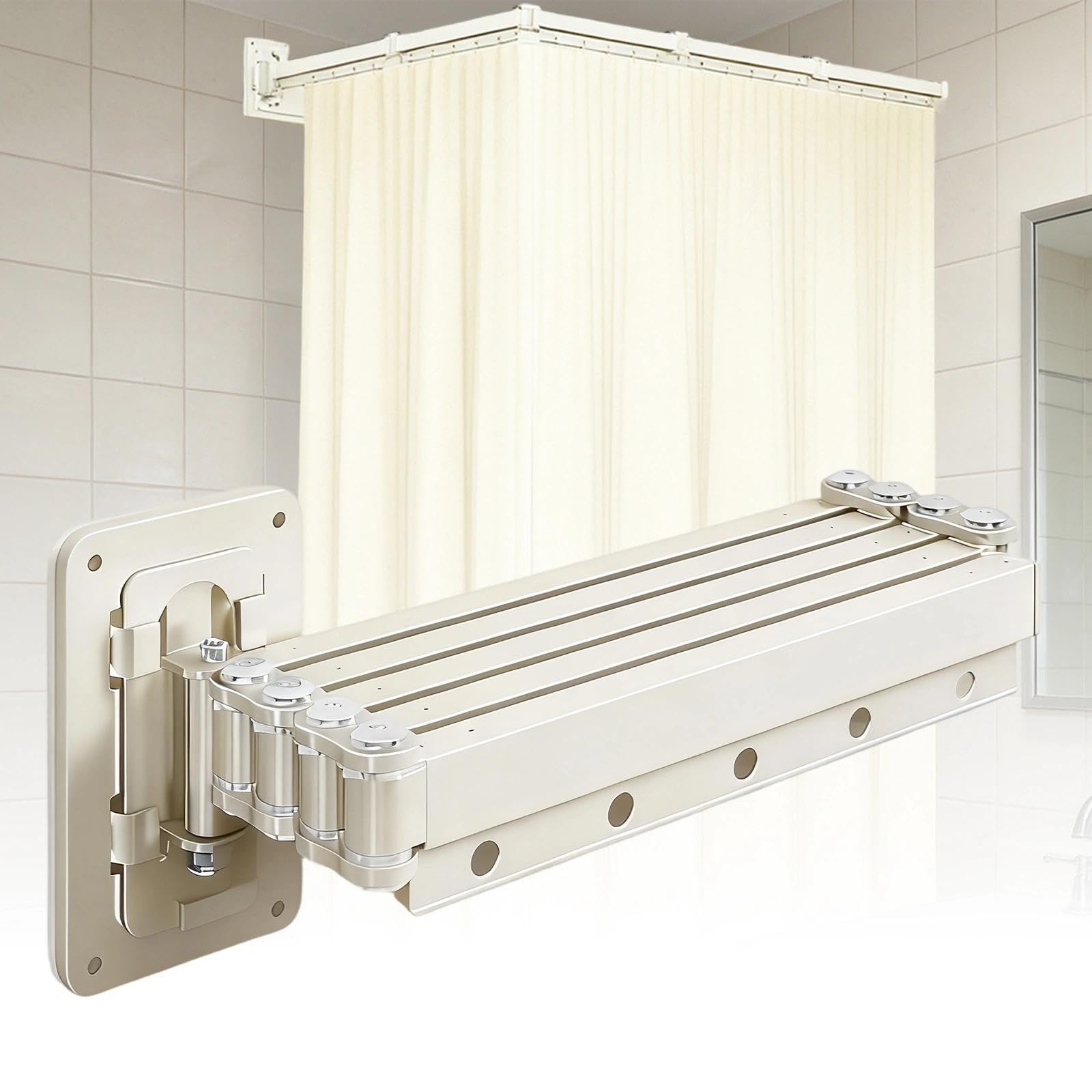 Faltbarer Duschvorhang milchig-weiß mit Stange – 5-fach faltbare Duschvorhangstange, 2 Installationsmethoden für Heim, Hotel & Fitnessstudio