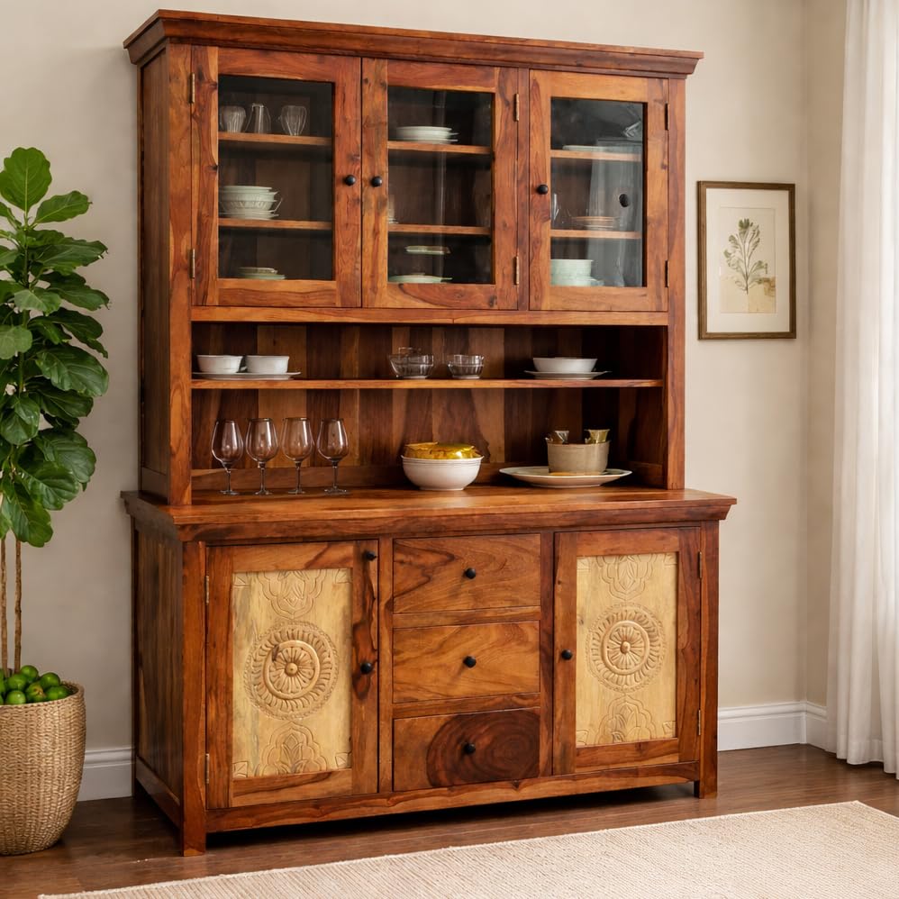 Image of ANGEL FURNITURE Sheesham Wood Kitchen Cabinet, 72 inch Height, Glass Doors, 3 Drawers, Mandala Design, Natural Brown (Honey Finish)