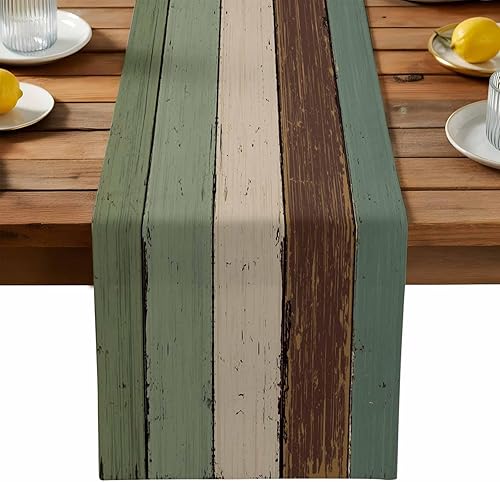 Miniatura 272 de Camino de mesa de algodón y lino estilo granja rústico retro, textura de madera de granero, color degradado marrón y gris, antideslizante,