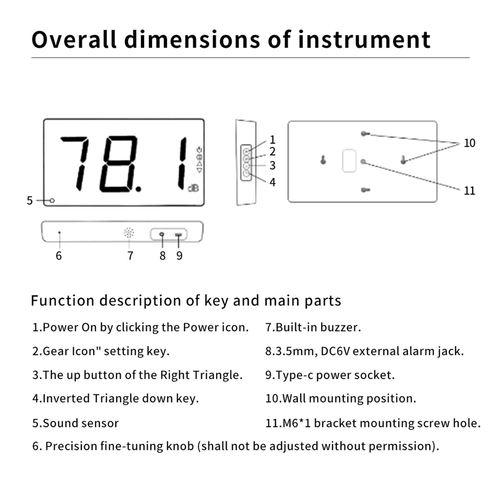 Fonometro digitale Misuratore di decibel livello sonoro a parete da 30 dB a 130 Tester professionale for il monitoraggio del rumore con allarme visivo acustico Tester del livello di rumore decibel