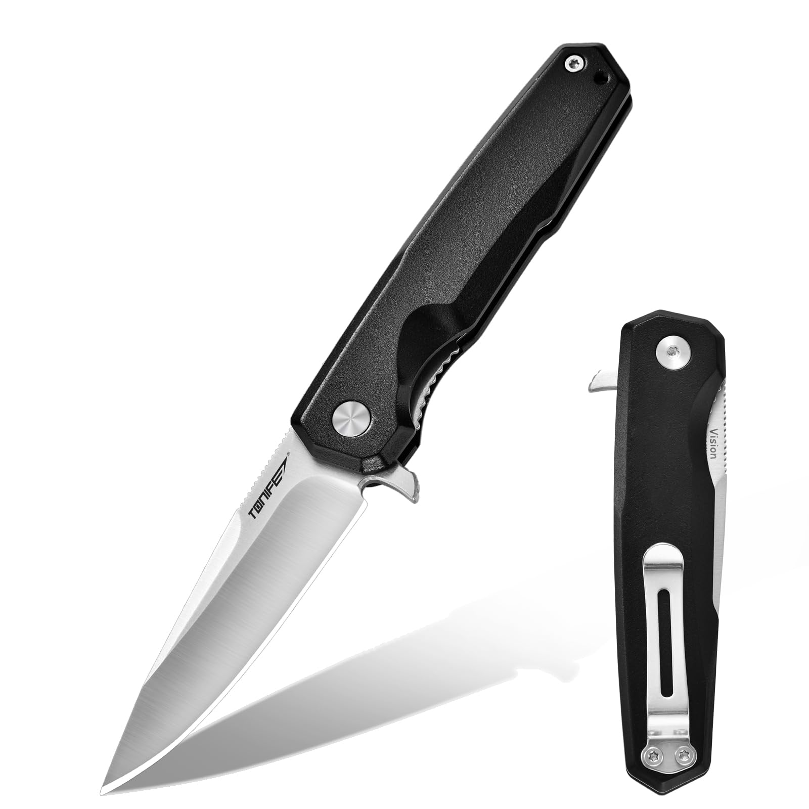TONIFE Outdoor Folding Knife with 8Cr14MoV Steel 2.83'' Sharp Blade and Aluminum Handle Survival Knife with Pocket Clip Bushcraft Knife for Camping, Hiking (Black - Satin)
