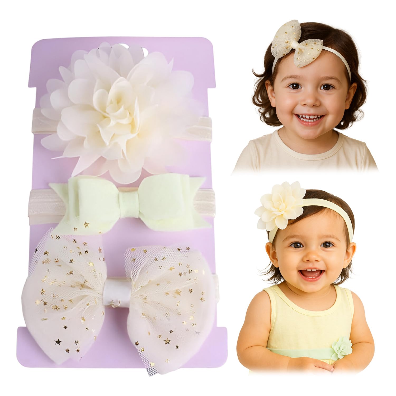 SYGA 3 Pcs Baby Headband, Flower & Bow Stretchable, Nylon HairBand for Newborn Infant Toddlers Kids 0-3 Year (Beige, Free Size)-image-16