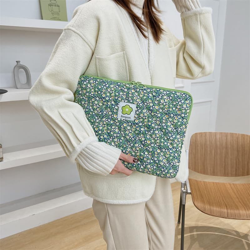 11-15.6 Inch Cute Puffy Laptop Sleeve Fairycore Floral Carrying Laptop Bag Cover Kawaii Aesthetic Tablet Liner Pouch Preppy Stuff Cottagecore Office Accessories (Green Flower,15 Inch)