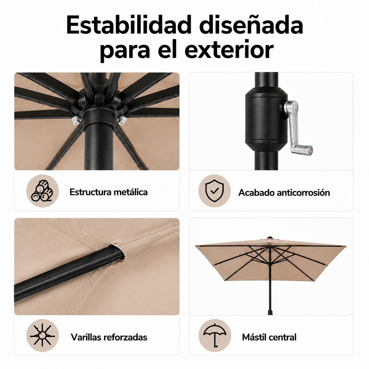 Sombrilla de Jardín – Parasol Exterior con Manivela, Altura Ajustable, Protección UV, Tejido Impermeable y Estructura Metálica Negra