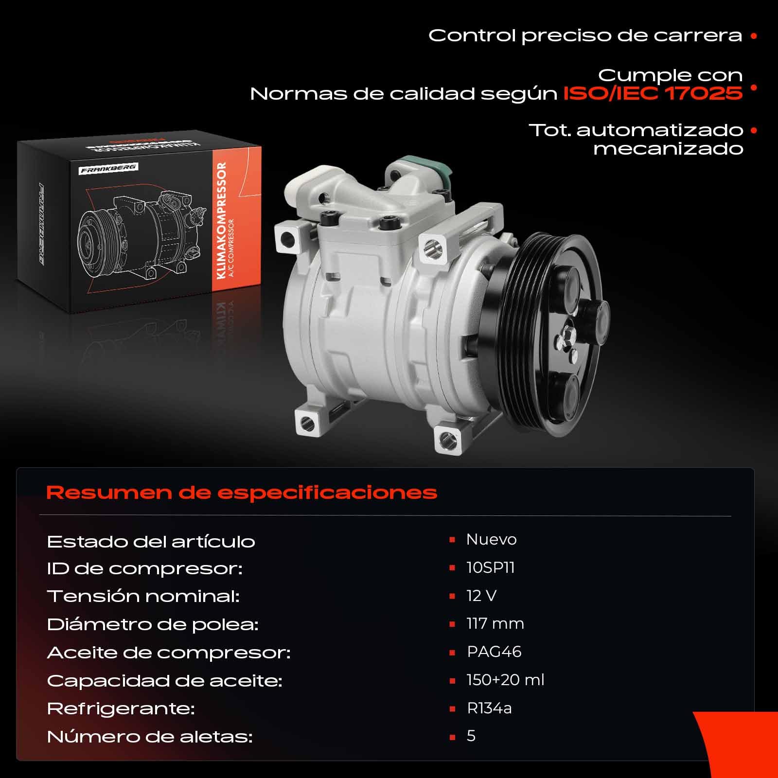 Frankberg Sistemas de aire acondicionado Compresor de aire acondicionado con embrague Gasolina Compatible con i10 PA 1.2L 2008-2013 Replace# 977010X100incl. aceite premezclado