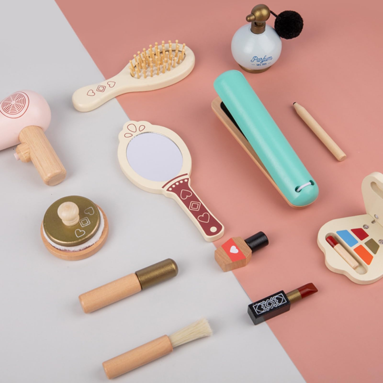 Giocattolo in Tessuto Set Trucco Bambini Kit Cosmetici Finti Phon Specchio Spazzola Pettine Rossetto Materiale in Legno Adatto per Gioco di Ruolo