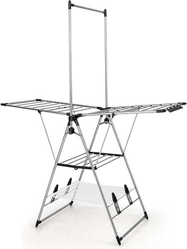 Miniatura 9 de Giantex Estante de secado de ropa, estante de secado de lavandería plegable de aluminio con altura ajustable de 6 niveles, diseño de colgador alto,