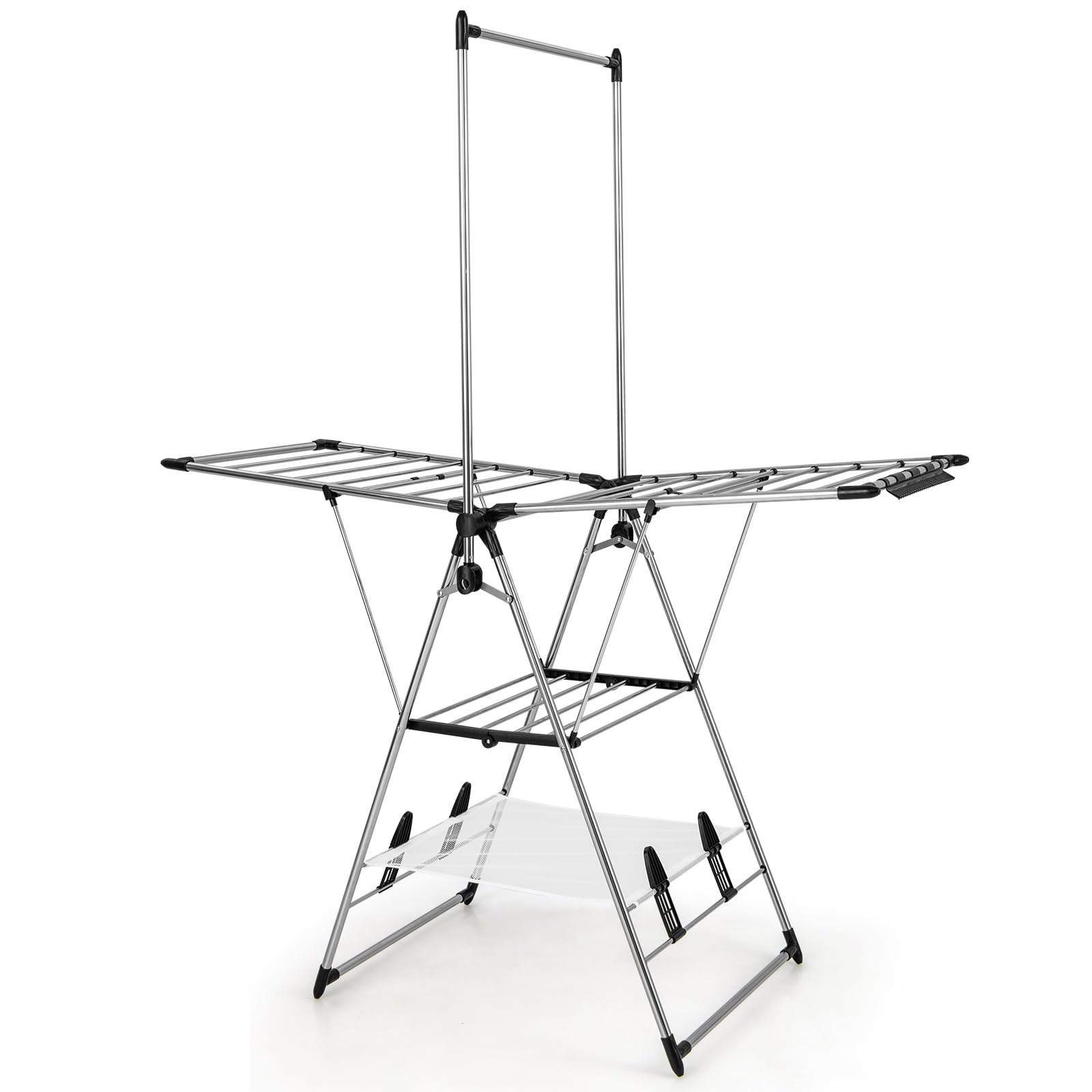 COSTWAY Sechoir à Linge Pliable, Etendoir Linge Interieur Pliable en Alu avec Cintre Haut et Filet de Séchage, Tancarville Linge Réglable 77-127 cm, 4 Porte-Chaussures, Pince de Chaussette Amovible