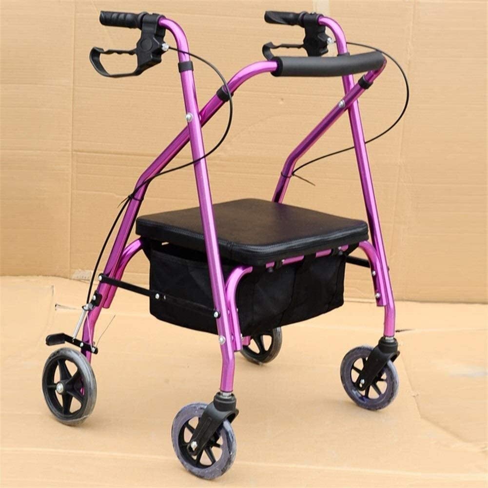 Andador plegable de 4 ruedas con asiento y cesta de la compra, ayuda de movilidad de aluminio ligero y carrito de compras para personas mayores