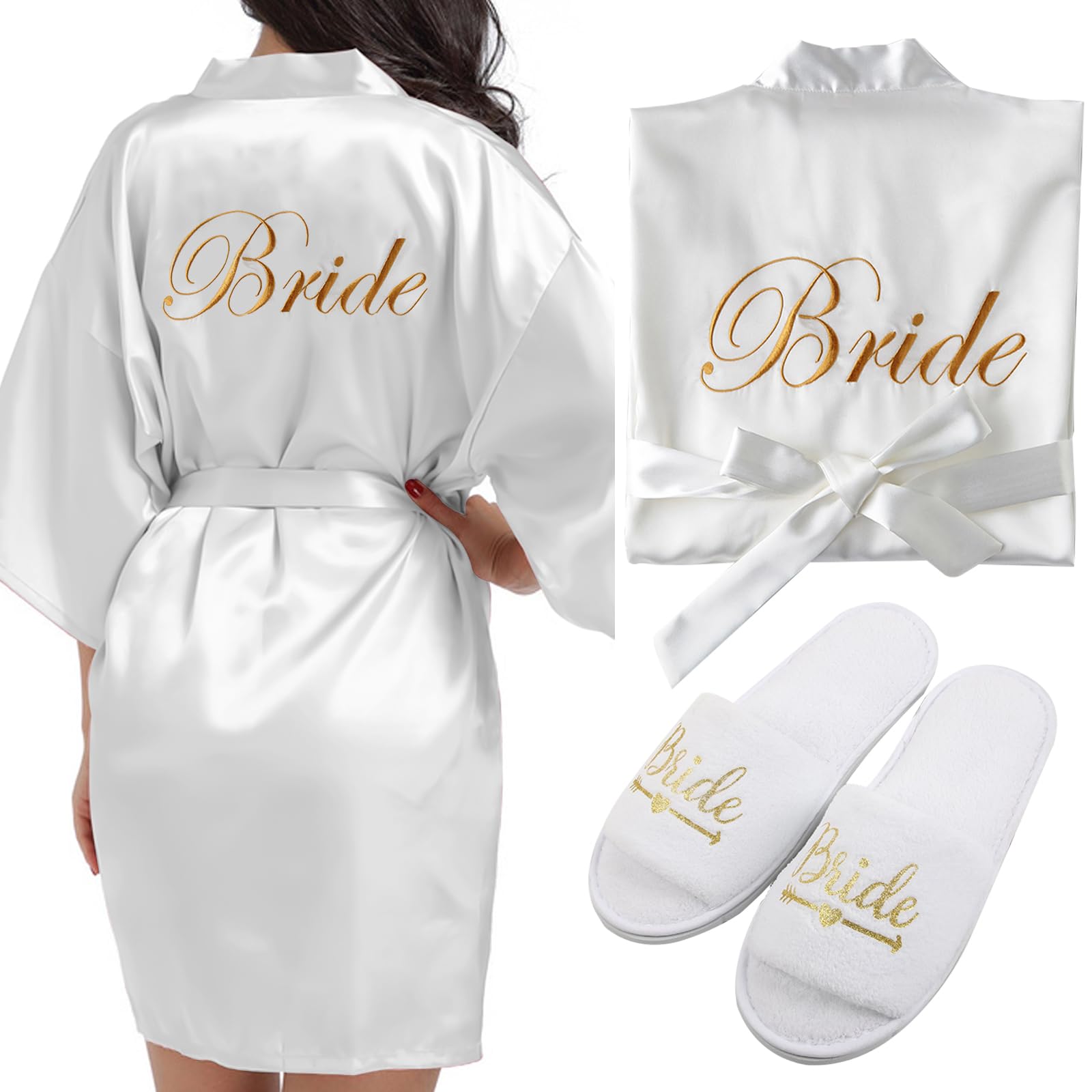 Vestaglia da Sposa in Raso per Donna, Kimono con Scollo a V, Biancheria da Notte, Vestaglia da Sposa per il Giorno del Matrimonio con Pantofole per Festa di Addio al Nubilato, Bianco, Taglia
