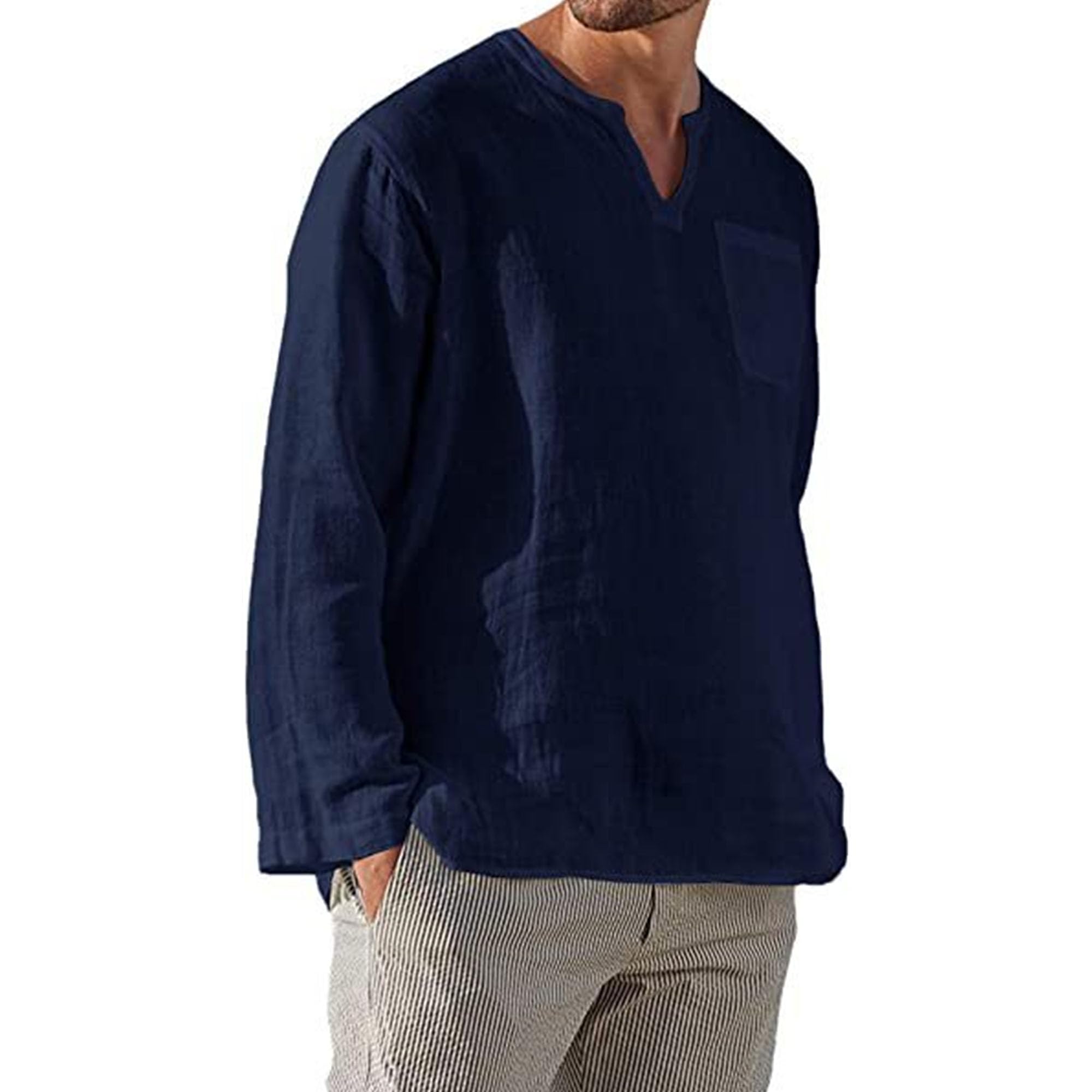 Men's Cotton Linen V-Neck Shirt Casual Long Sleeve Beach Shirt Lightweight Solid Color Tops with Pockets (Small,Navy Blue 2)