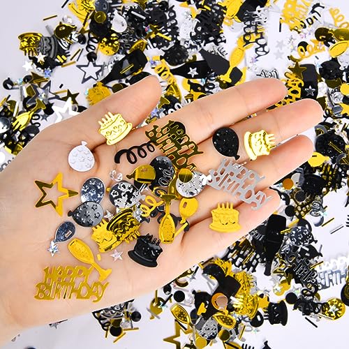 Image of OSDUE Black Gold Silver Happy Birthday Confetti, 3000 Pieces Birthday Cake Confetti, Metallic Foil Balloon Table Scatter Confetti Decoration for Birthday Party, Anniversary, Baby Shower