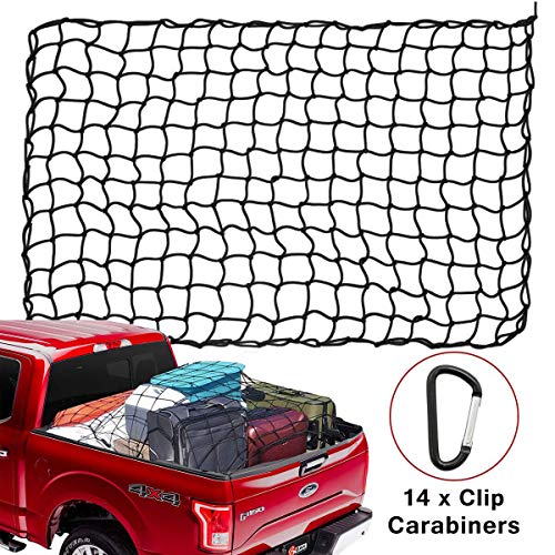 4x6ft Bungee Cargo Net for Pickup Trucks, 5mm 4â€X4â€ Mesh Super Duty Stretches to 8x12ft Elasticated Mesh Net with 14Pcs D Clip Carabiners for Pickup Trucks SUV Beds Trailers