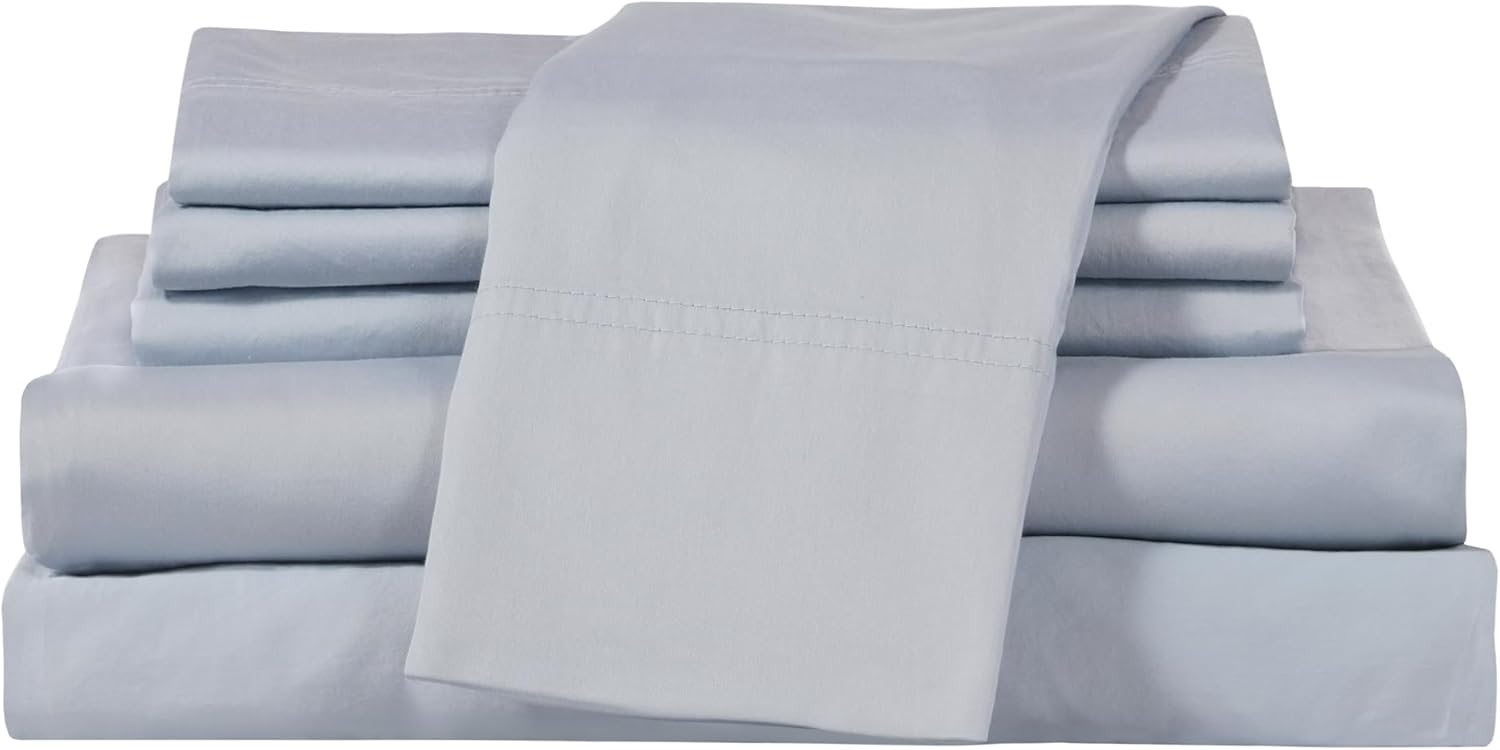 Therapedic 100% Egyptian Cotton Queen 6-Piece Sheet Set – Naturally Cooling & Breathable Sateen, Preshrunk Garment Wash, 16" Deep Pocket Fitted Sheet, Bonus Pillowcases, Soft & Durable - Light Blue