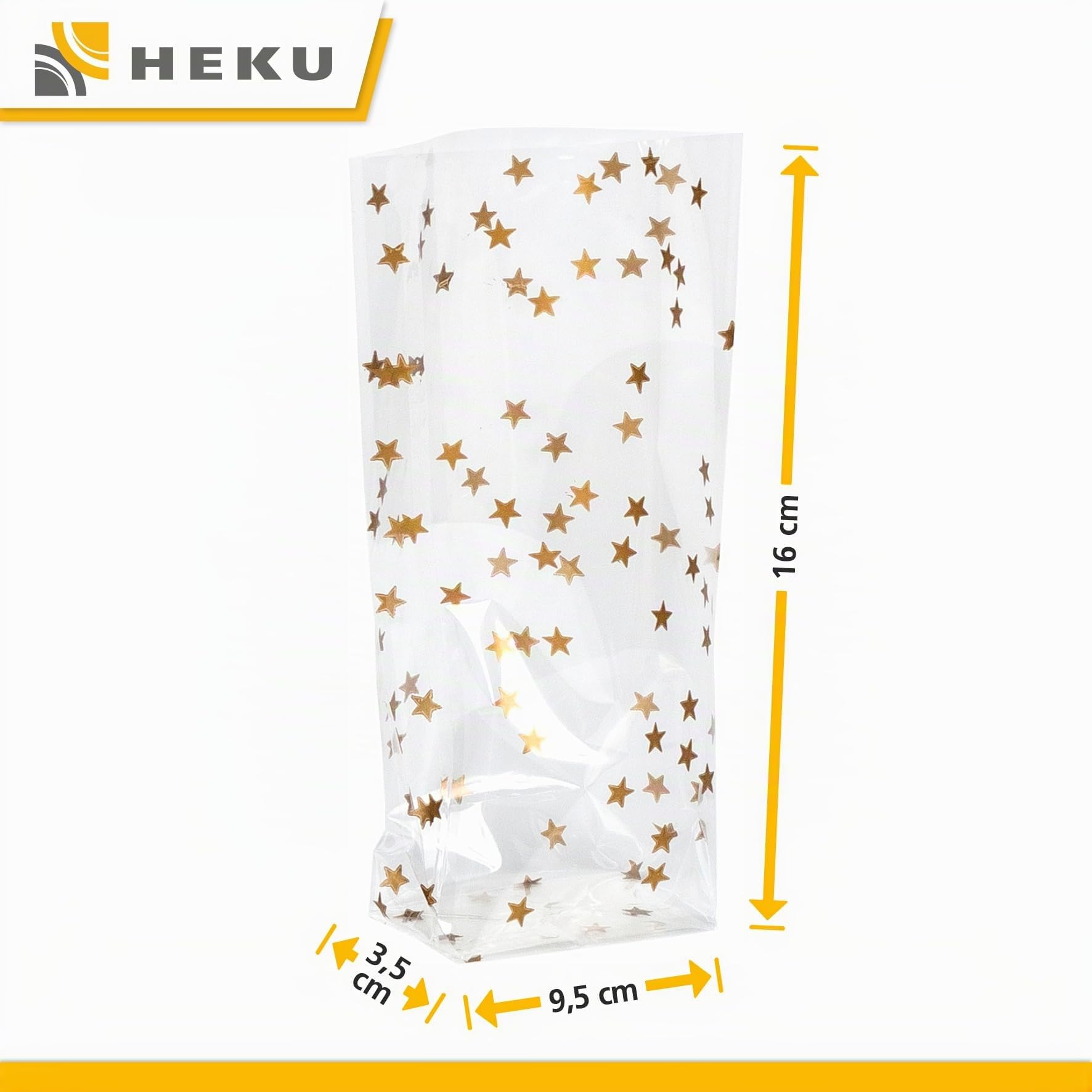 HEKU 1000er Packung Transparente Bodenbeutel mit goldenen Sternen 160x95x35mm I Stabiler Kreuzboden I Reißfestes Polypropylen Material I Ideal für Weihnachten & selbstgebackene Plätzchen