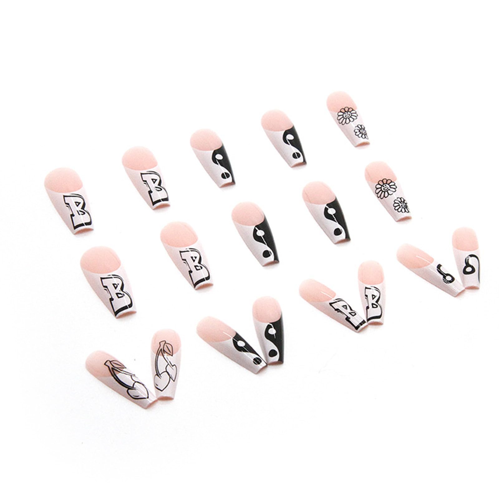 French Almond Fake Nails,Cute Acrylic Nails,Fake Nails with Pentagram,Nude Ladies Artificial Nails 24 pcs: Black and White Collocation