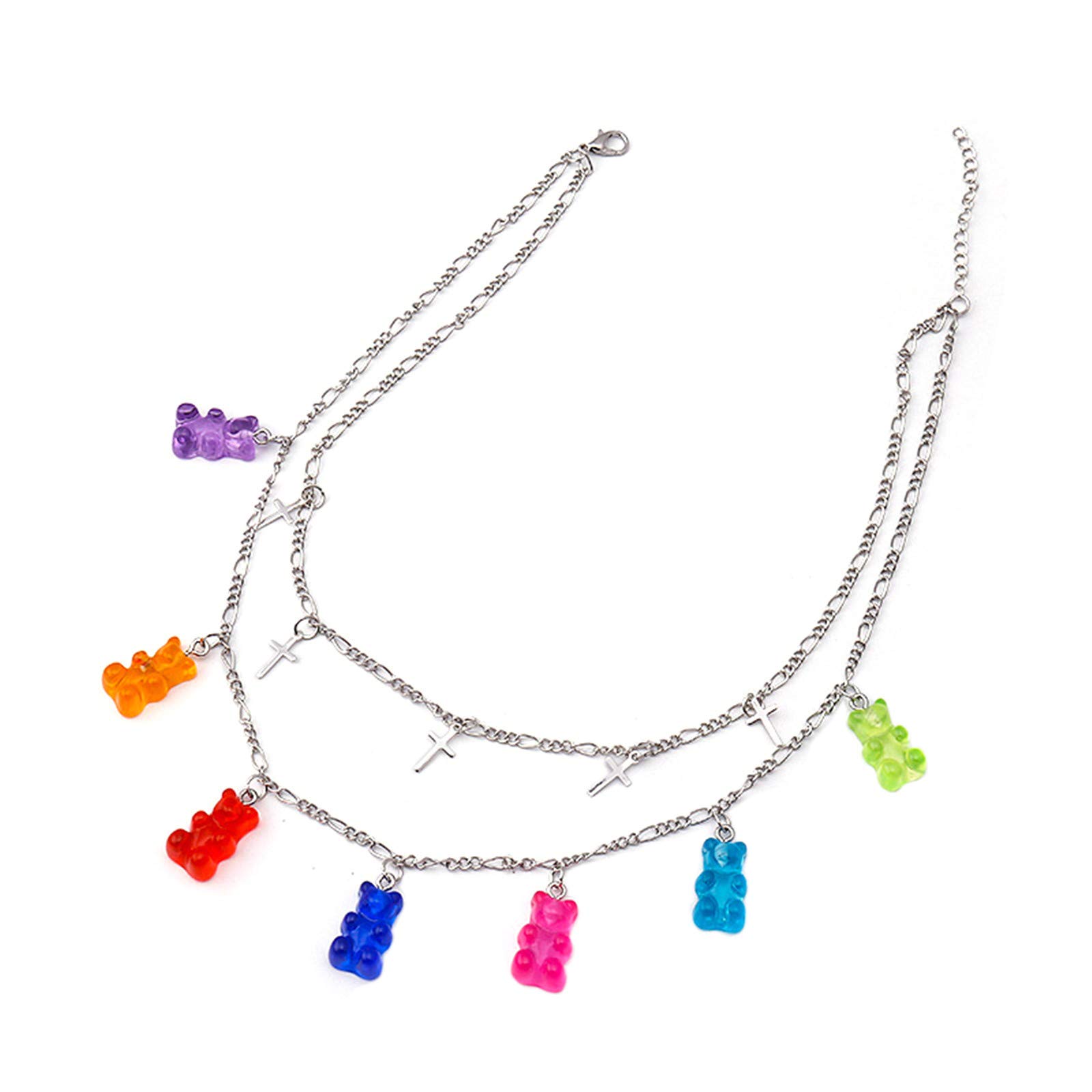 N/QLayered Punk Gothic Resin Gummy Cartoon Bear Link Chain Pendant Necklace Colorful Rock Hip Hop Transparent Animal Choker Necklace for Women Party Jewelry Gift