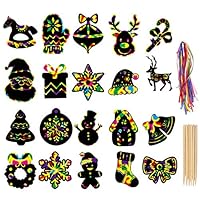 LOKIPA Christmas Scratch Paper Art Ornaments,80 Rainbow Magic Scratch Off Paper Cards with Drawing Sticks&Ribbon for Christmas Decoration